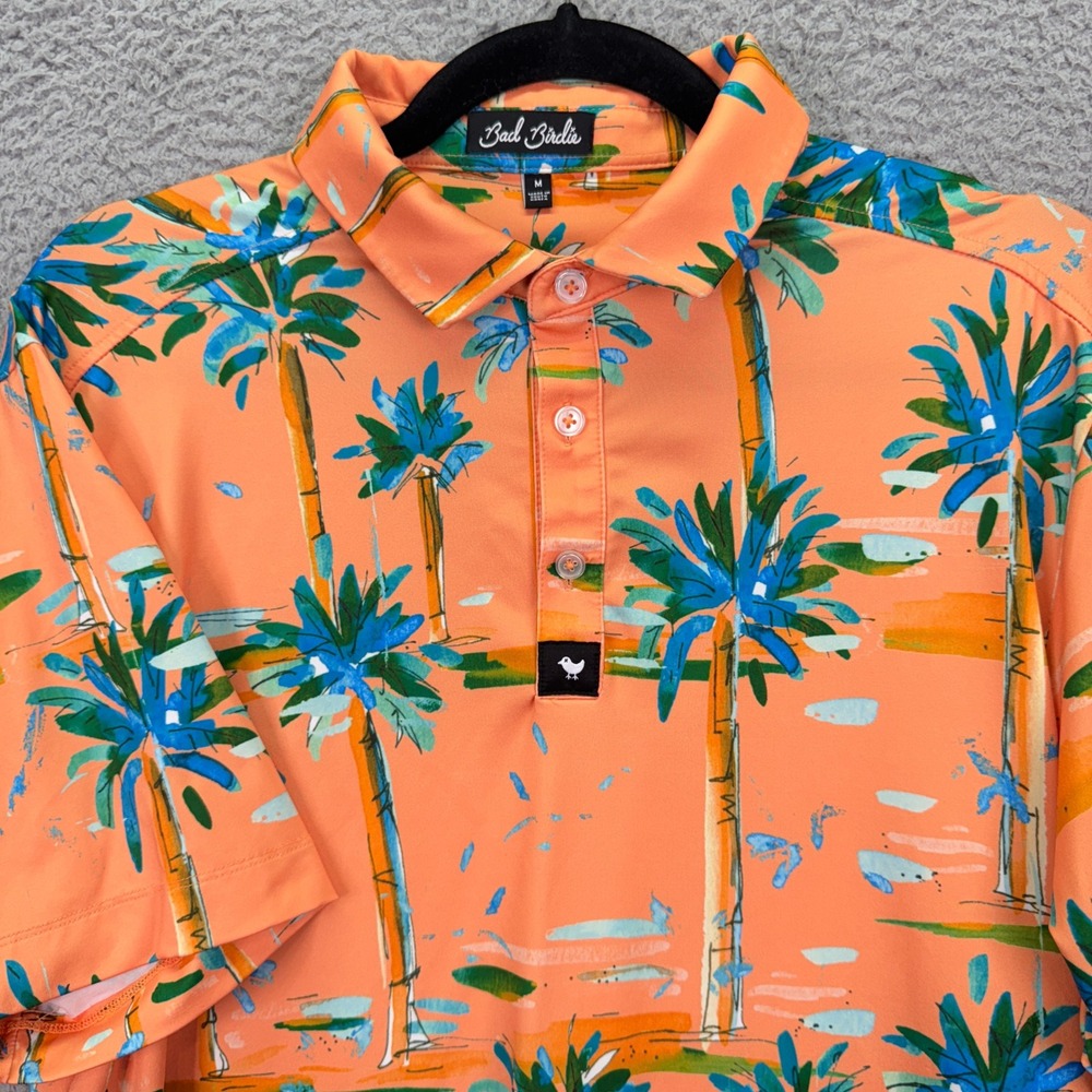 Bad Birdie Polo Shirt Mens M Orange Golf Tropical Palm Tree Performance Office